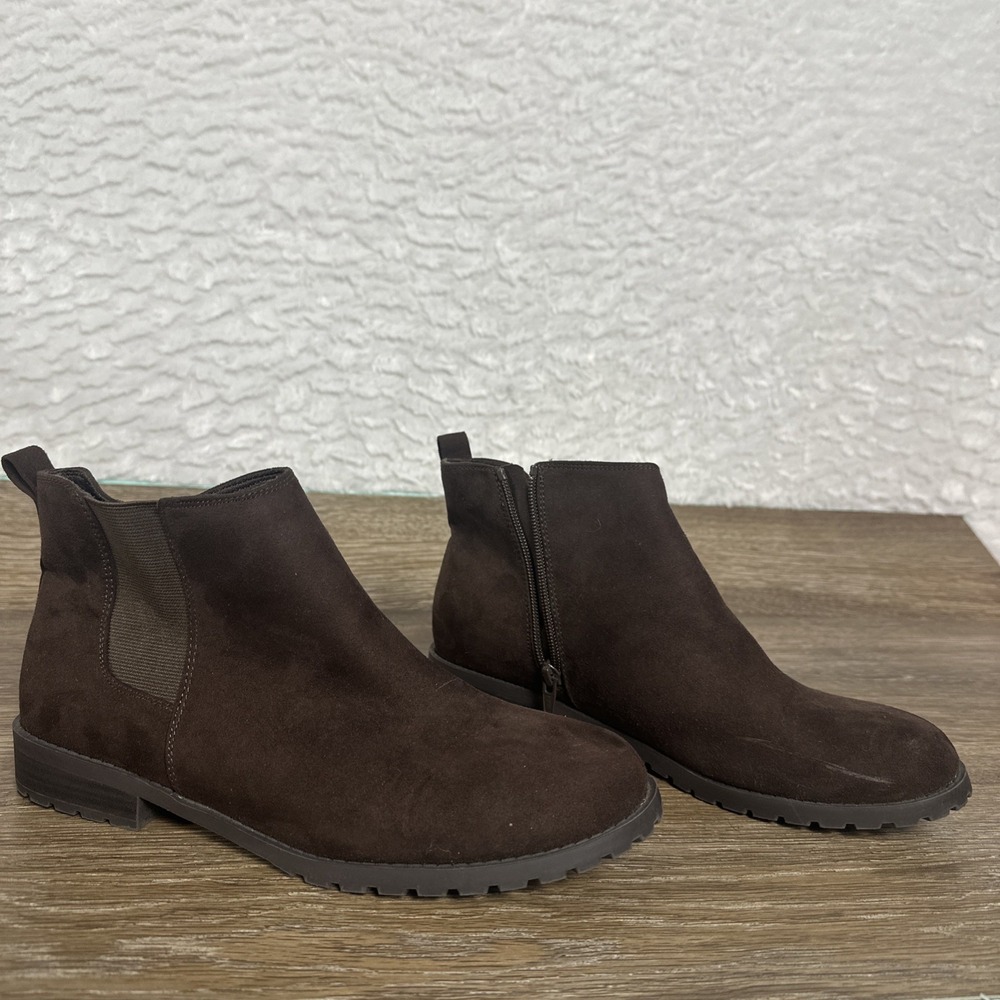 Chelsea Ankle Boots Brown Faux Suede Lug Sole Zip Booties Womens Size 10 Capsule